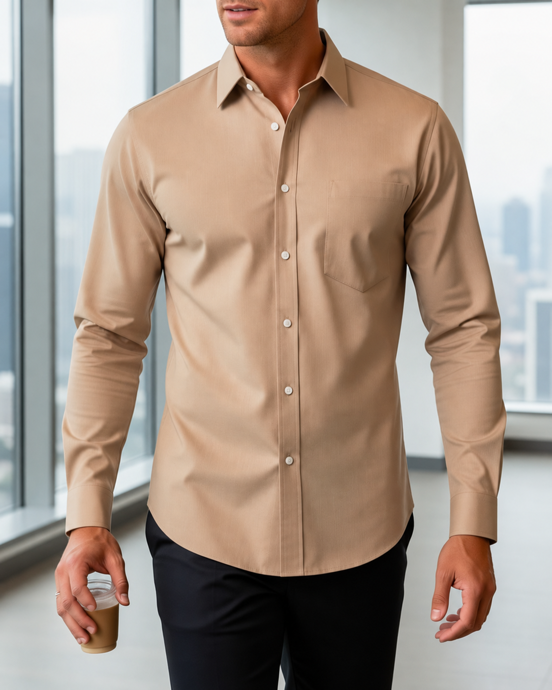 Men's Textured Collared Button-Down Shirt – Chest Pocket Long Sleeves Seminars