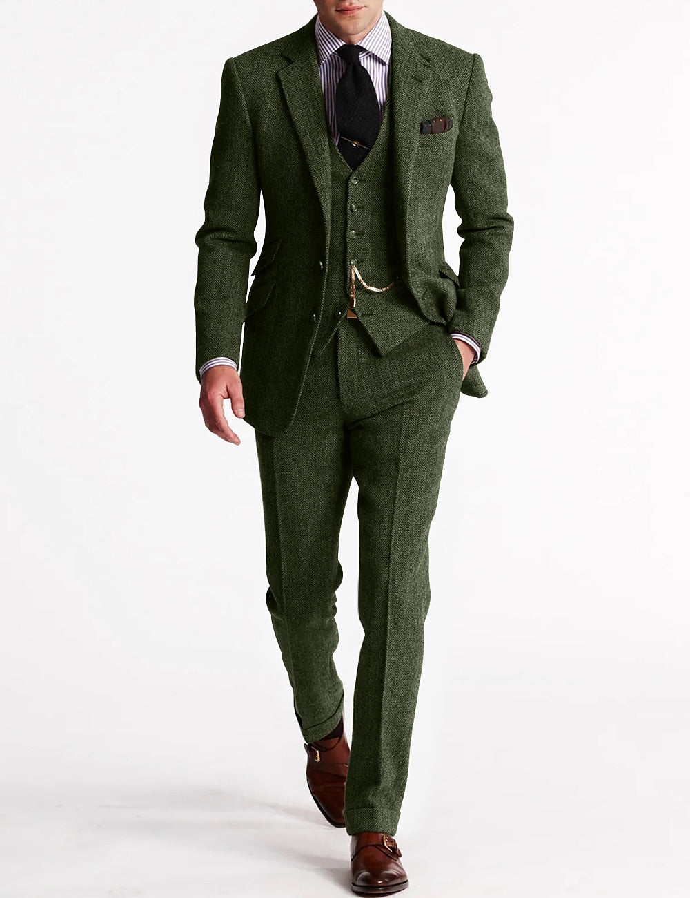 Men's Tweed Herringbone 3 Piece Suit – Slim Fit Notch Lapel Wedding Guest