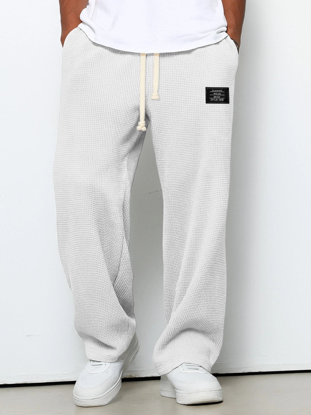 Men's Wide-Leg Textured Sweatpants – Side Pockets Full Length Airport Travel