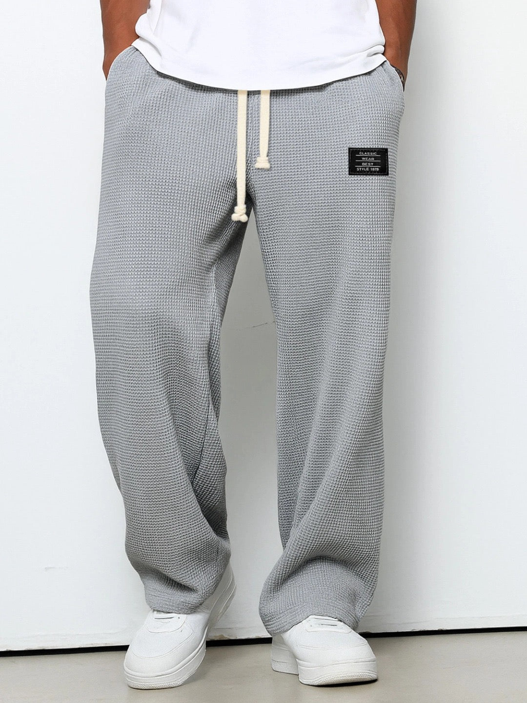 Men's Wide-Leg Textured Sweatpants – Side Pockets Full Length Airport Travel