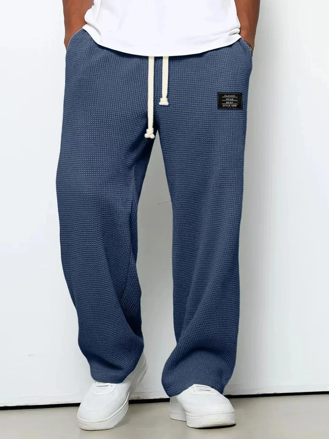 Men's Wide-Leg Textured Sweatpants – Side Pockets Full Length Airport Travel
