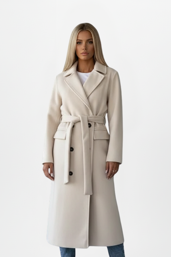 Women's Belted Textured Coat – Double-Breasted Notched Lapel Book Launch