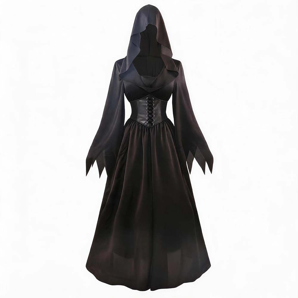 Women's Black Vampire Hooded Costume – Corset Waist Long Sleeve Halloween Party