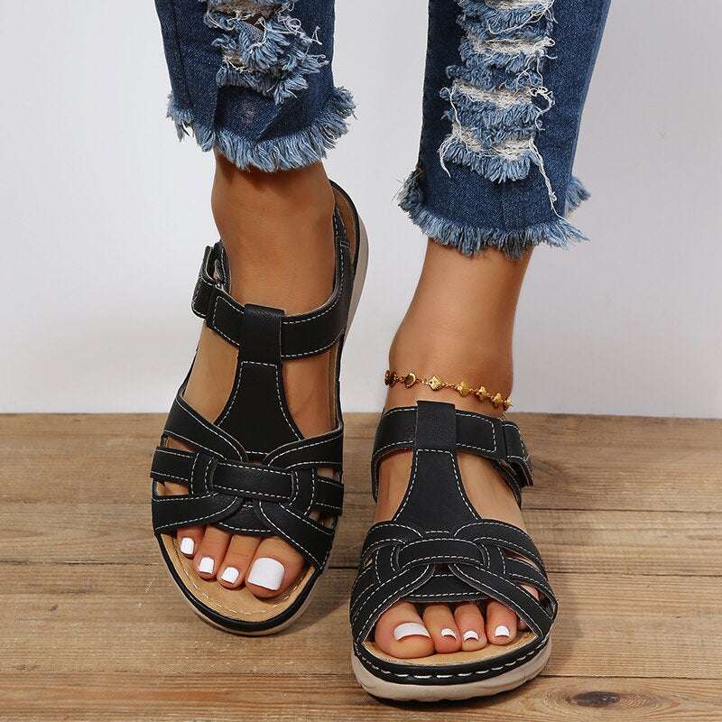 Women's Boho Open Toe Woven Strap Sandals – Hook Loop Wedge Platform Casual