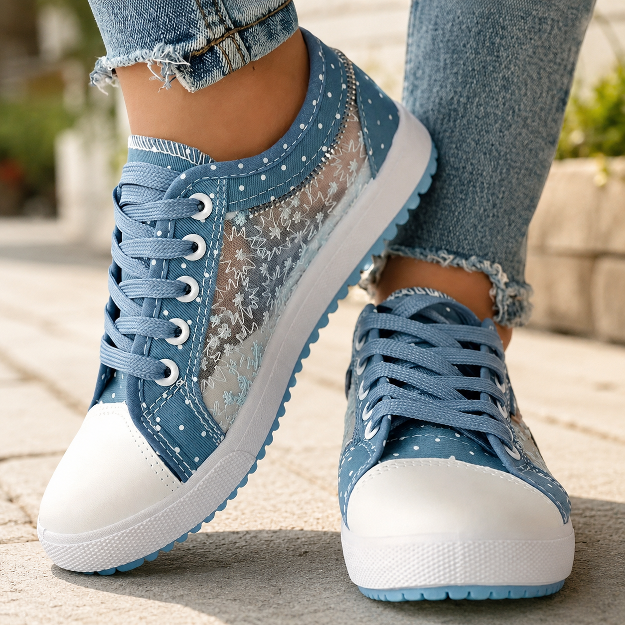 Women's Casual Dotted Sneakers – Lace-Up Rounded Toe Boardwalk Stroll