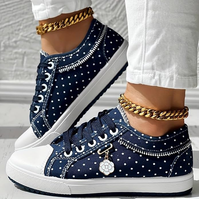 Women's Casual Dotted Sneakers – Lace-Up Rounded Toe Boardwalk Stroll