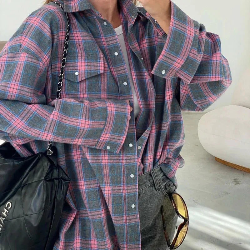 Women's Casual Plaid Flannel Shirt – Button Front Chest Pockets Daily Wear