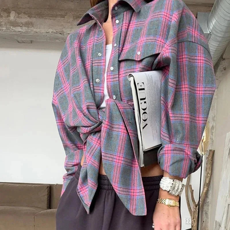 Women's Casual Plaid Flannel Shirt – Button Front Chest Pockets Daily Wear