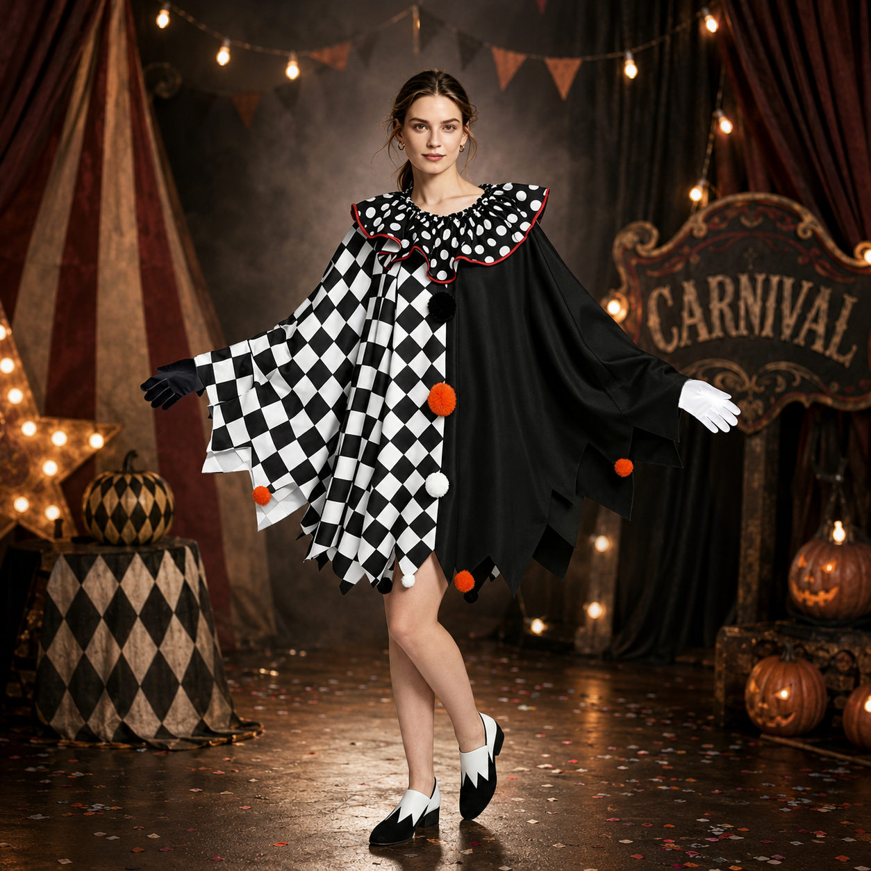 Women's Clown Checkerboard Costume – Ruffle Collar Gloves Halloween Party