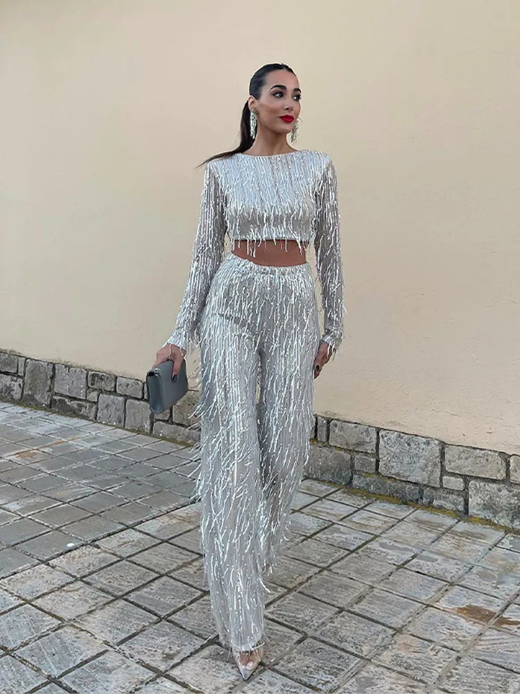 Women's Cropped Sequin Set – Long Sleeve Straight Leg Cocktail Reception