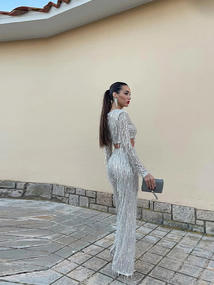 Women's Cropped Sequin Set – Long Sleeve Straight Leg Cocktail Reception
