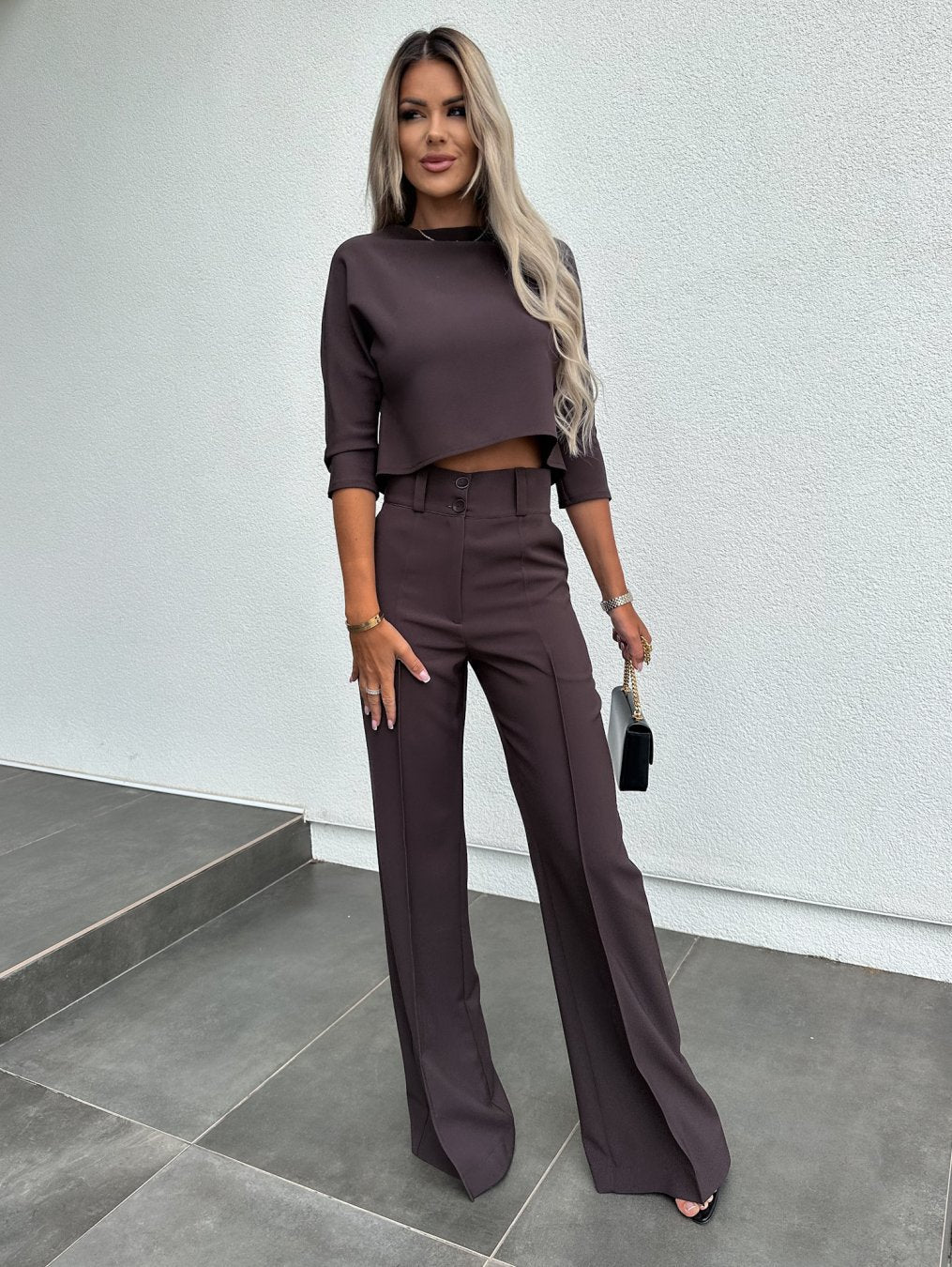Women's Cropped Top and Wide Leg Pants – Mock Neck Button Waist 2 Piece Set