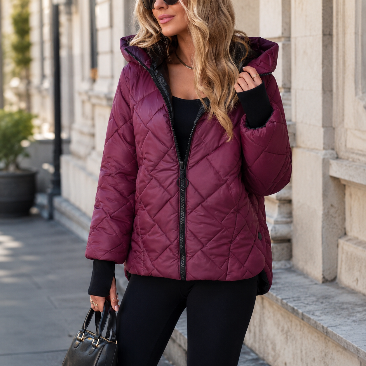 Women's Diamond Quilted Puffer Jacket – Hooded Zip Front Winter Daywear
