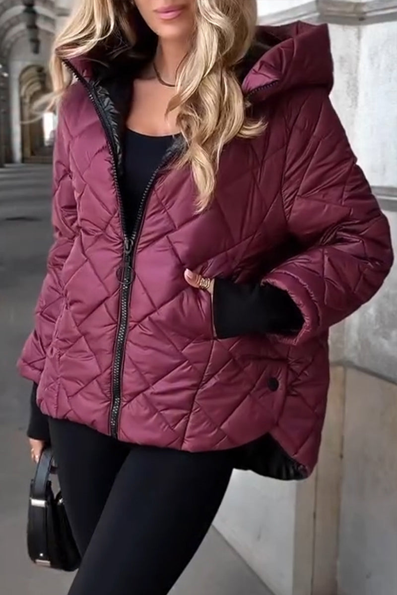 Women's Diamond Quilted Puffer Jacket – Hooded Zip Front Winter Daywear