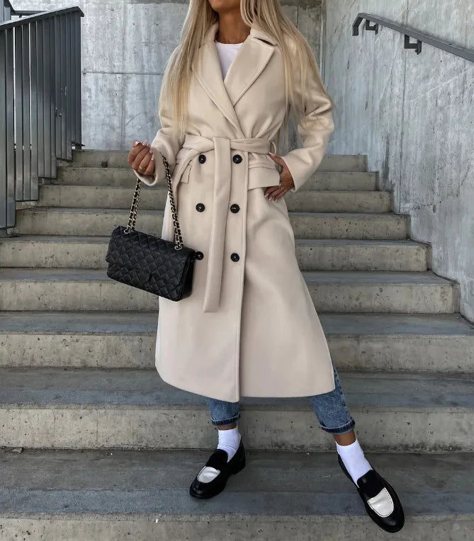 Women's Double Breasted Trench Coat – Tie Belt Lapel Collar Workday Wear