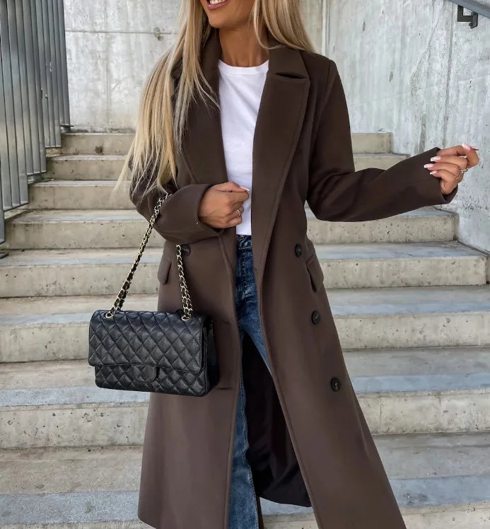 Women's Double Breasted Trench Coat – Tie Belt Lapel Collar Workday Wear