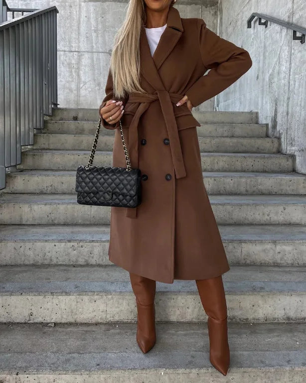 Women's Double Breasted Trench Coat – Tie Belt Lapel Collar Workday Wear