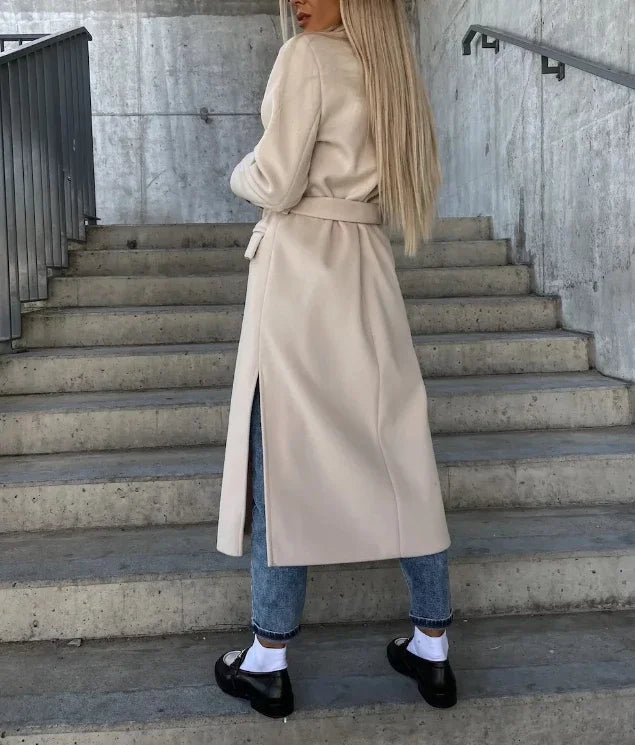 Women's Double Breasted Trench Coat – Tie Belt Lapel Collar Workday Wear