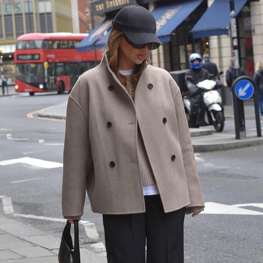 Women's Double Breasted Wool Jacket – Stand Collar Open Cuffs Daywear