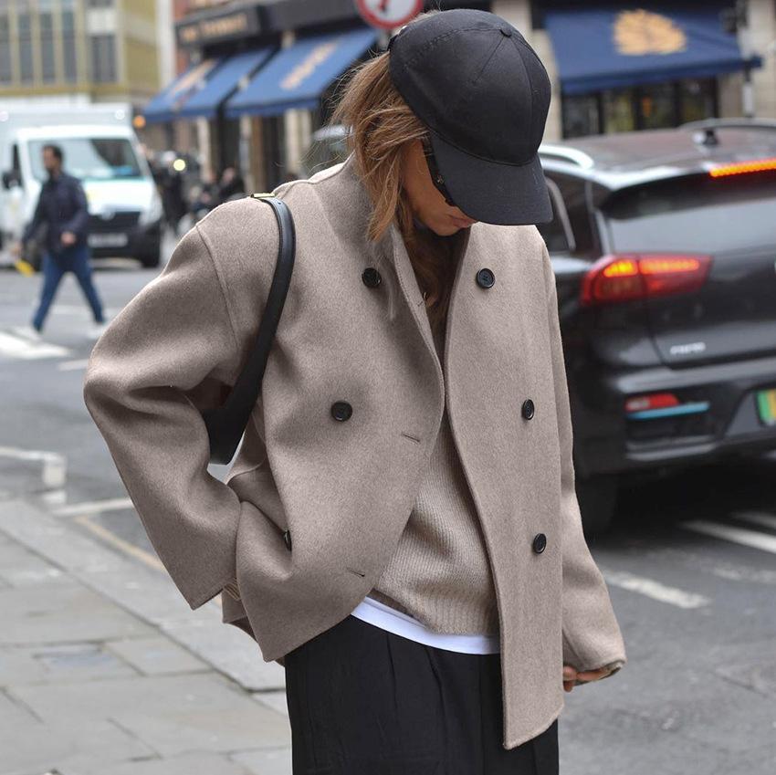 Women's Double Breasted Wool Jacket – Stand Collar Open Cuffs Daywear