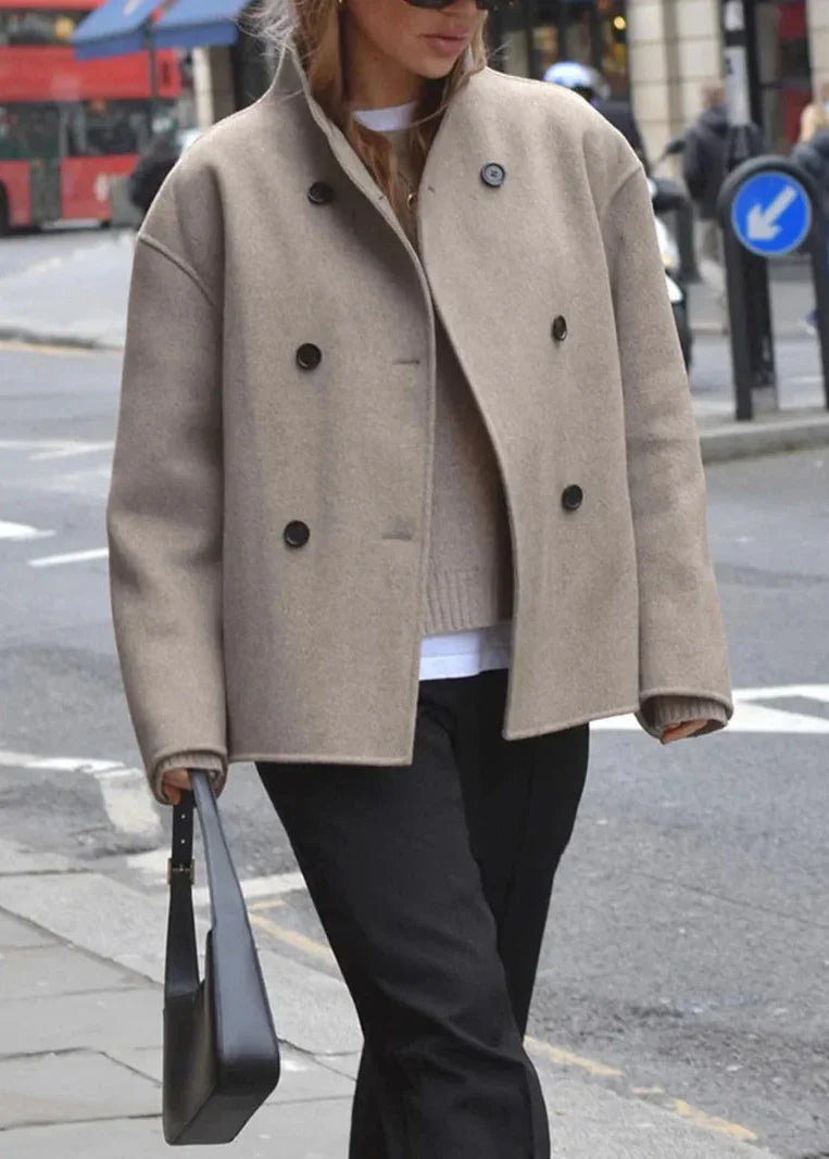 Women's Double Breasted Wool Jacket – Stand Collar Open Cuffs Daywear