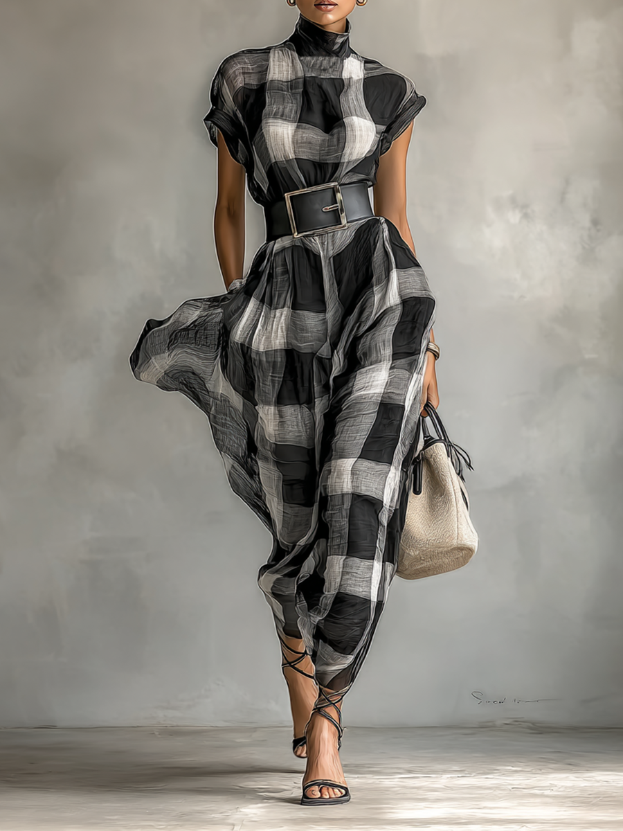 Women's Draped Check Maxi Dress – High Neck Cap Sleeves Gallery Stroll