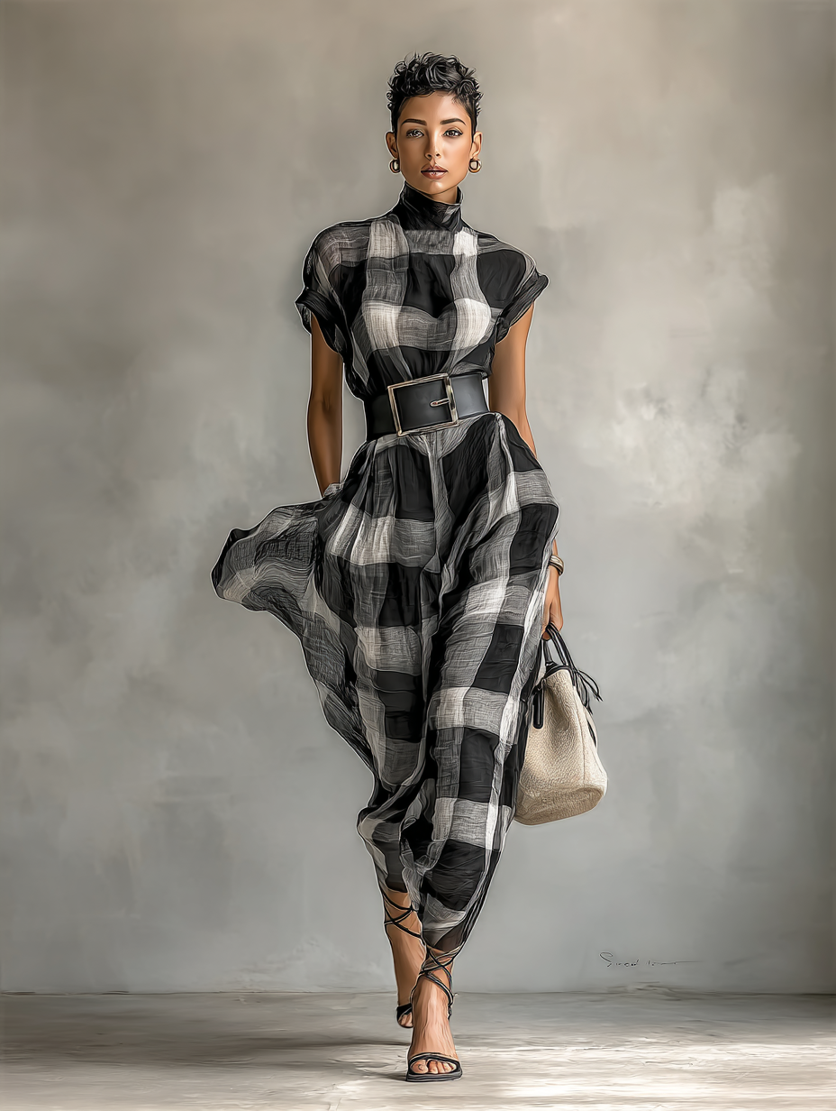 Women's Draped Check Maxi Dress – High Neck Cap Sleeves Gallery Stroll