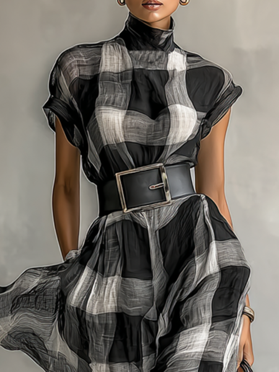 Women's Draped Check Maxi Dress – High Neck Cap Sleeves Gallery Stroll