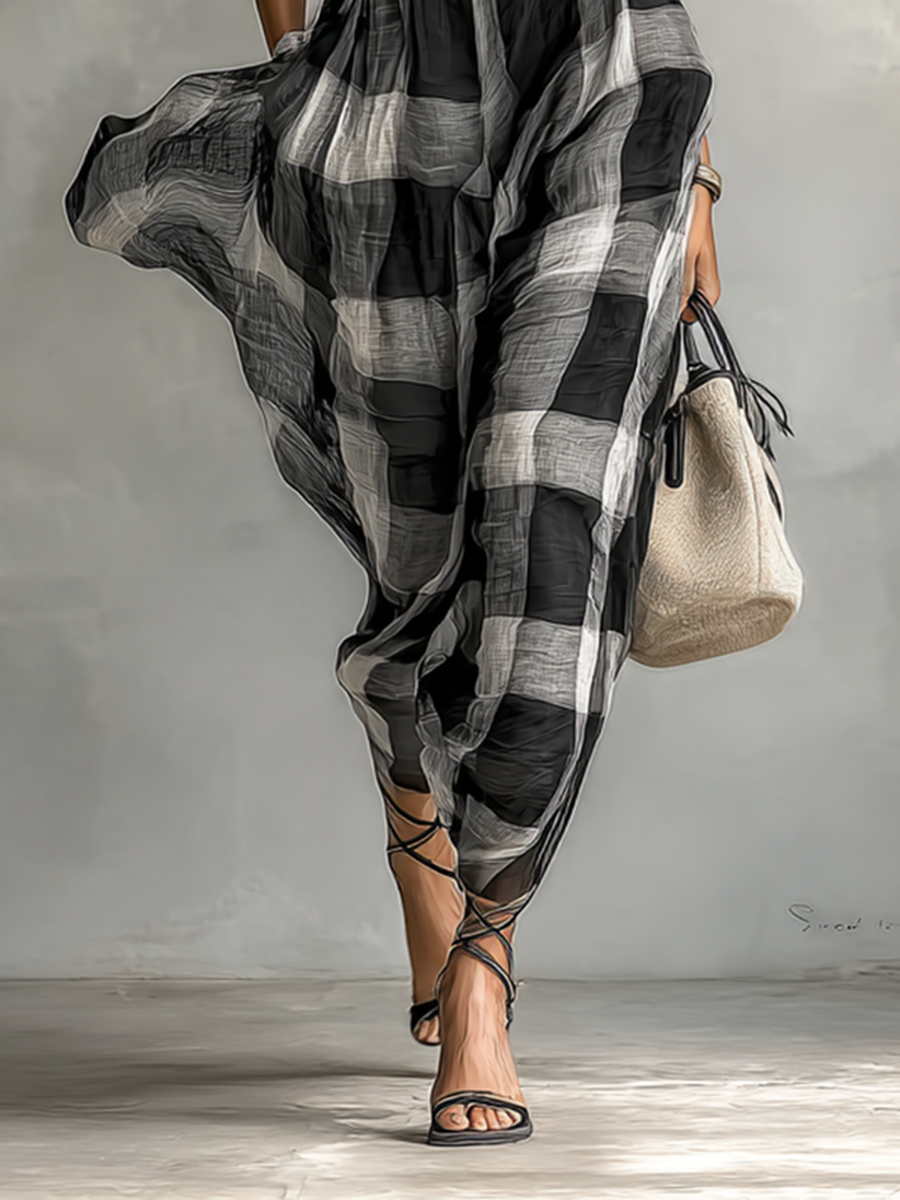 Women's Draped Check Maxi Dress – High Neck Cap Sleeves Gallery Stroll