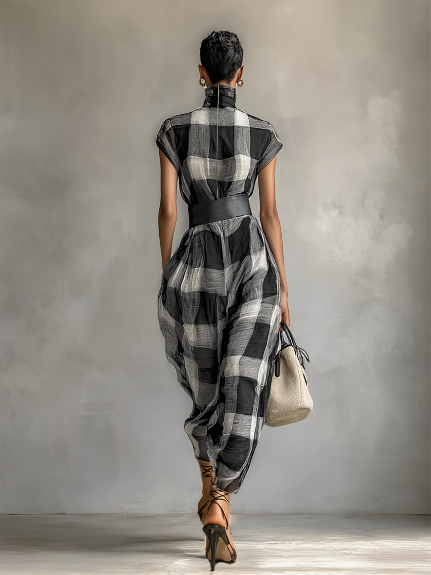 Women's Draped Check Maxi Dress – High Neck Cap Sleeves Gallery Stroll