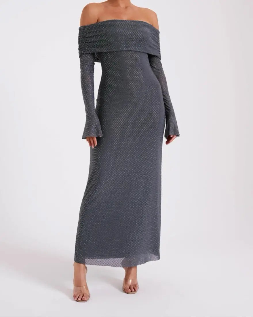 Women's Evening Maxi Dotted Dress – Off Shoulder Long Sleeve Wedding Guest