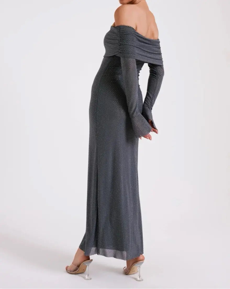Women's Evening Maxi Dotted Dress – Off Shoulder Long Sleeve Wedding Guest