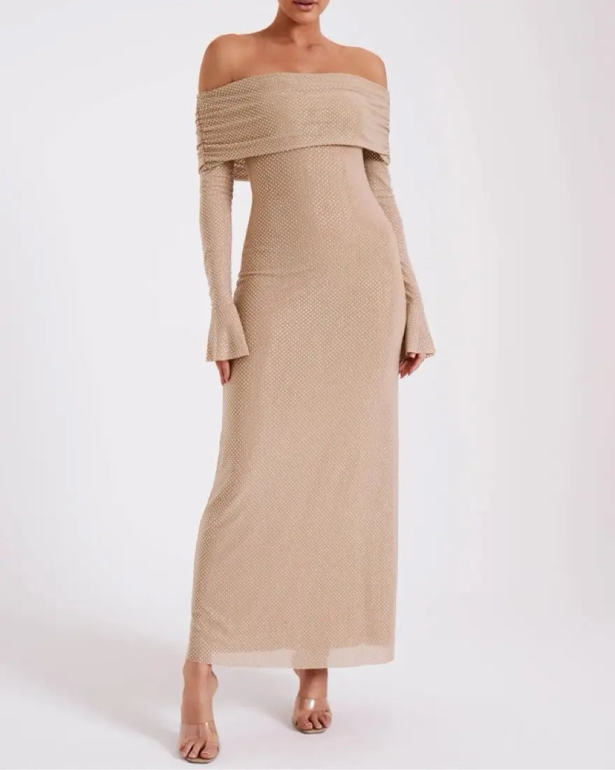 Women's Evening Maxi Dotted Dress – Off Shoulder Long Sleeve Wedding Guest