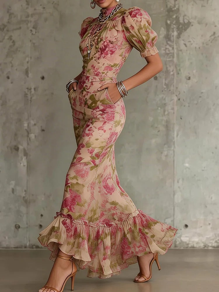 Women's Floral Maxi Dress – High Neck Puff Sleeves Ruffle Hem Wedding Guest