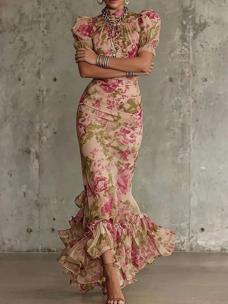 Women's Floral Maxi Dress – High Neck Puff Sleeves Ruffle Hem Wedding Guest