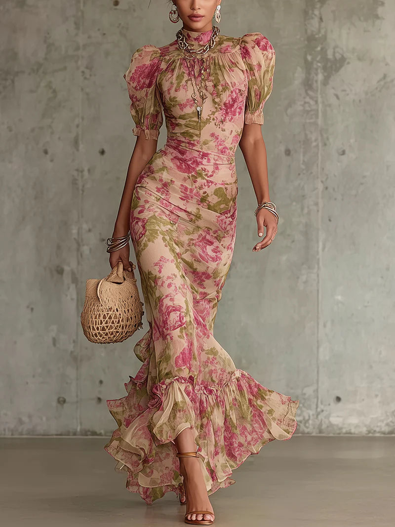 Women's Floral Maxi Dress – High Neck Puff Sleeves Ruffle Hem Wedding Guest