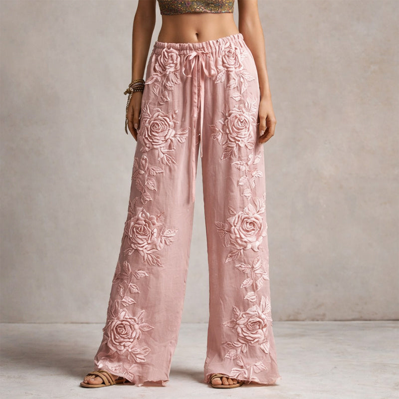 Women's Gathered Floral Wide-Leg Pants – Appliqué Side Pockets Resort Outings