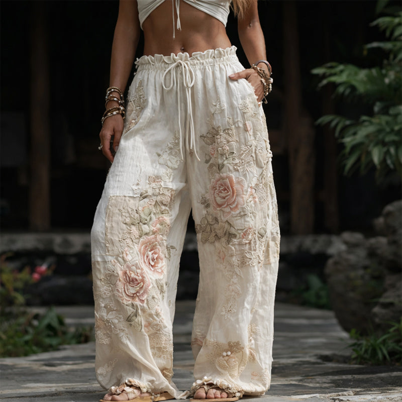Women's Gathered Floral Wide-Leg Pants – Appliqué Side Pockets Resort Outings