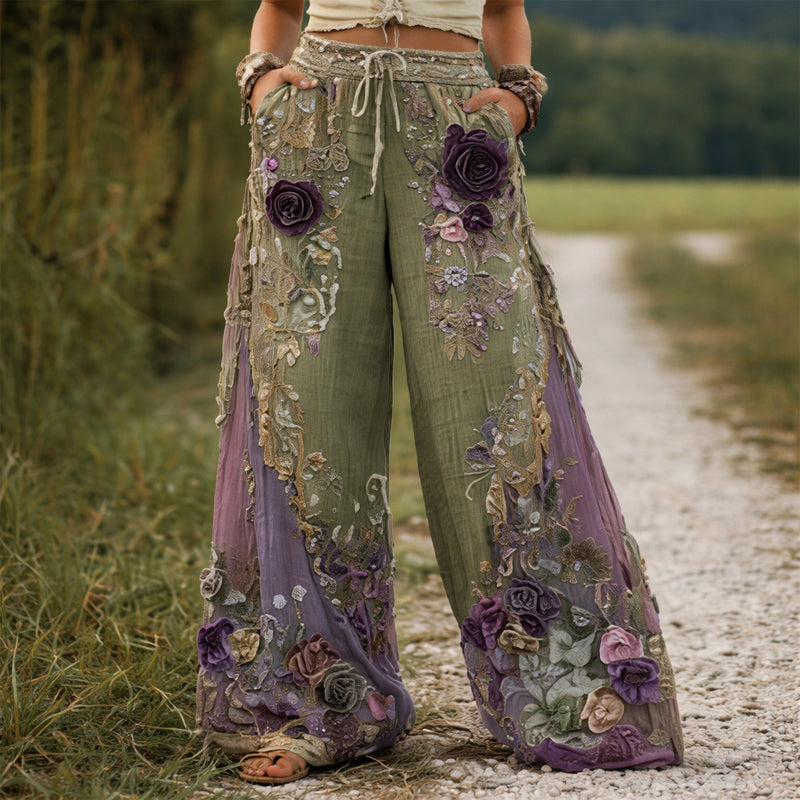 Women's Gathered Floral Wide-Leg Pants – Appliqué Side Pockets Resort Outings