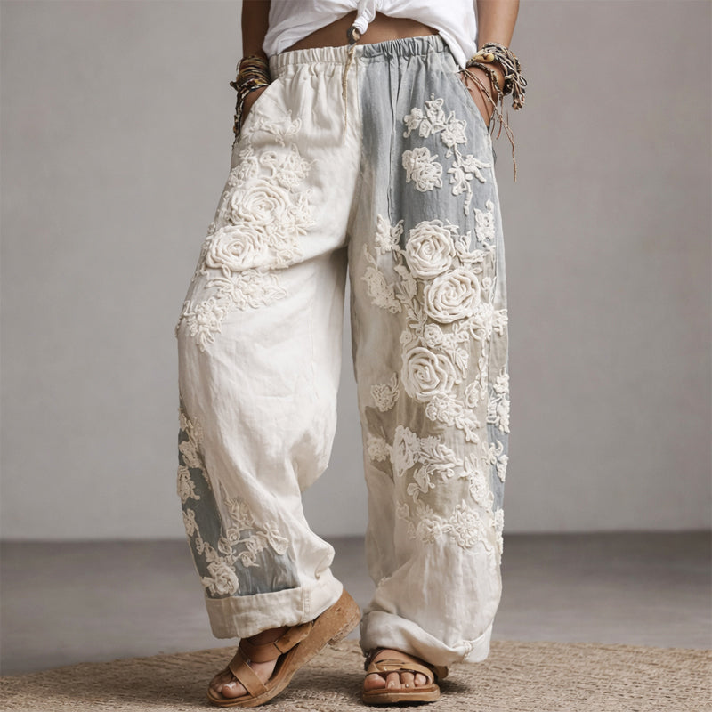 Women's Gathered Floral Wide-Leg Pants – Appliqué Side Pockets Resort Outings