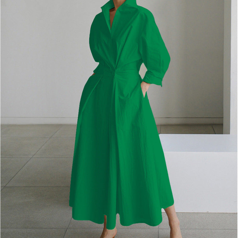 Women's Gathered Maxi Dress – Collared V Neck Elbow Sleeves Daytime Events