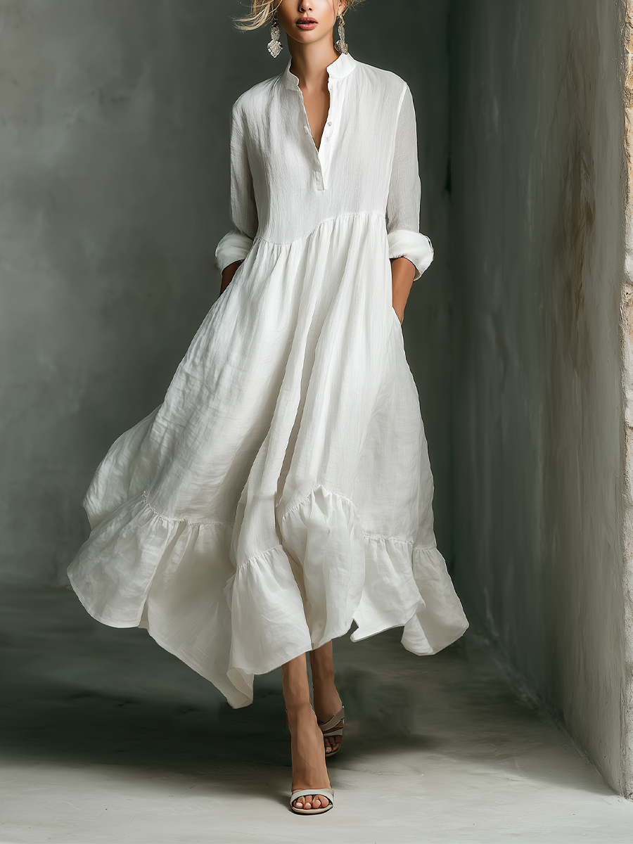Women's Gathered White Maxi Dress – Split Neck Ruffle Hem Garden Party