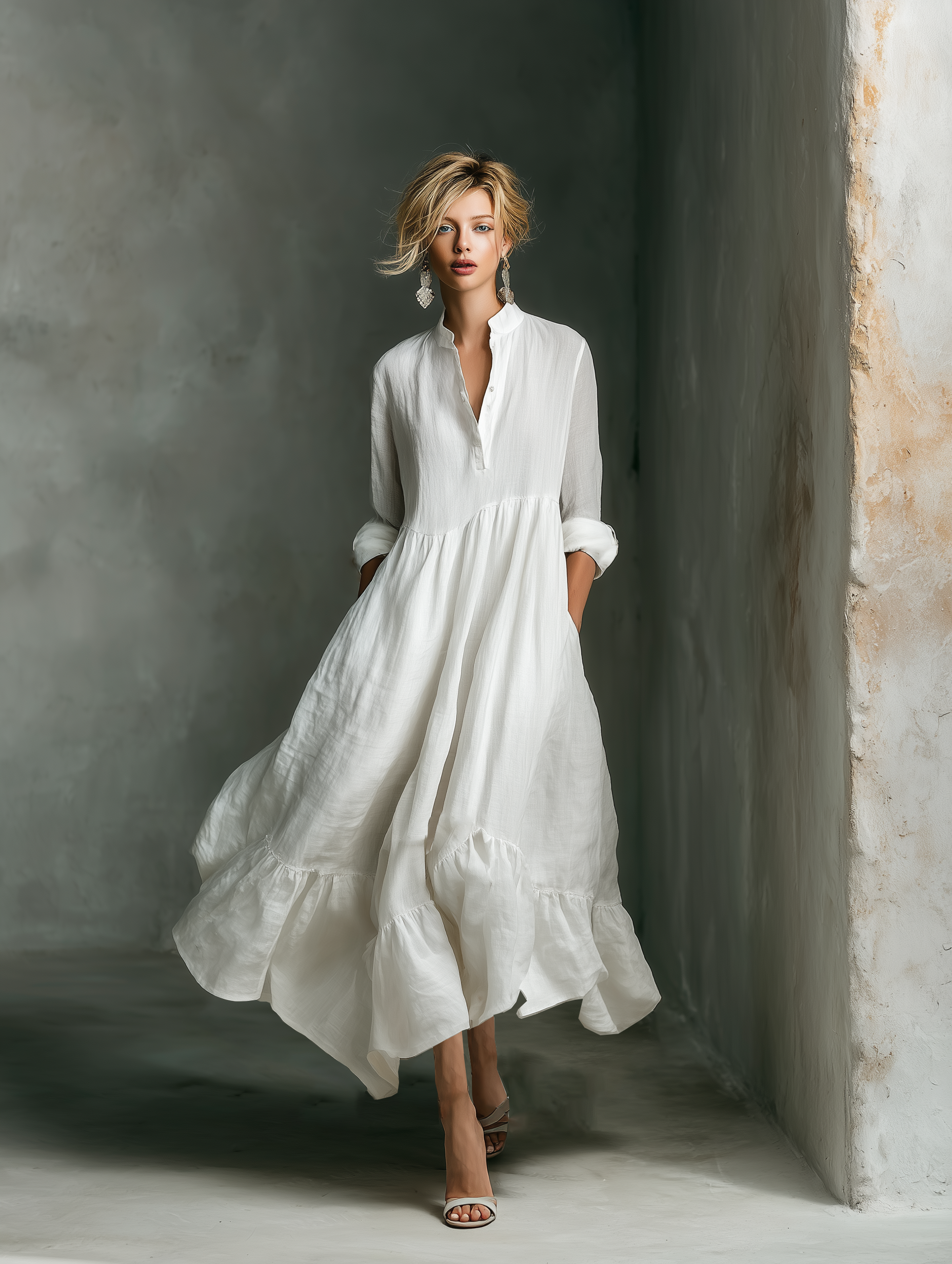 Women's Gathered White Maxi Dress – Split Neck Ruffle Hem Garden Party