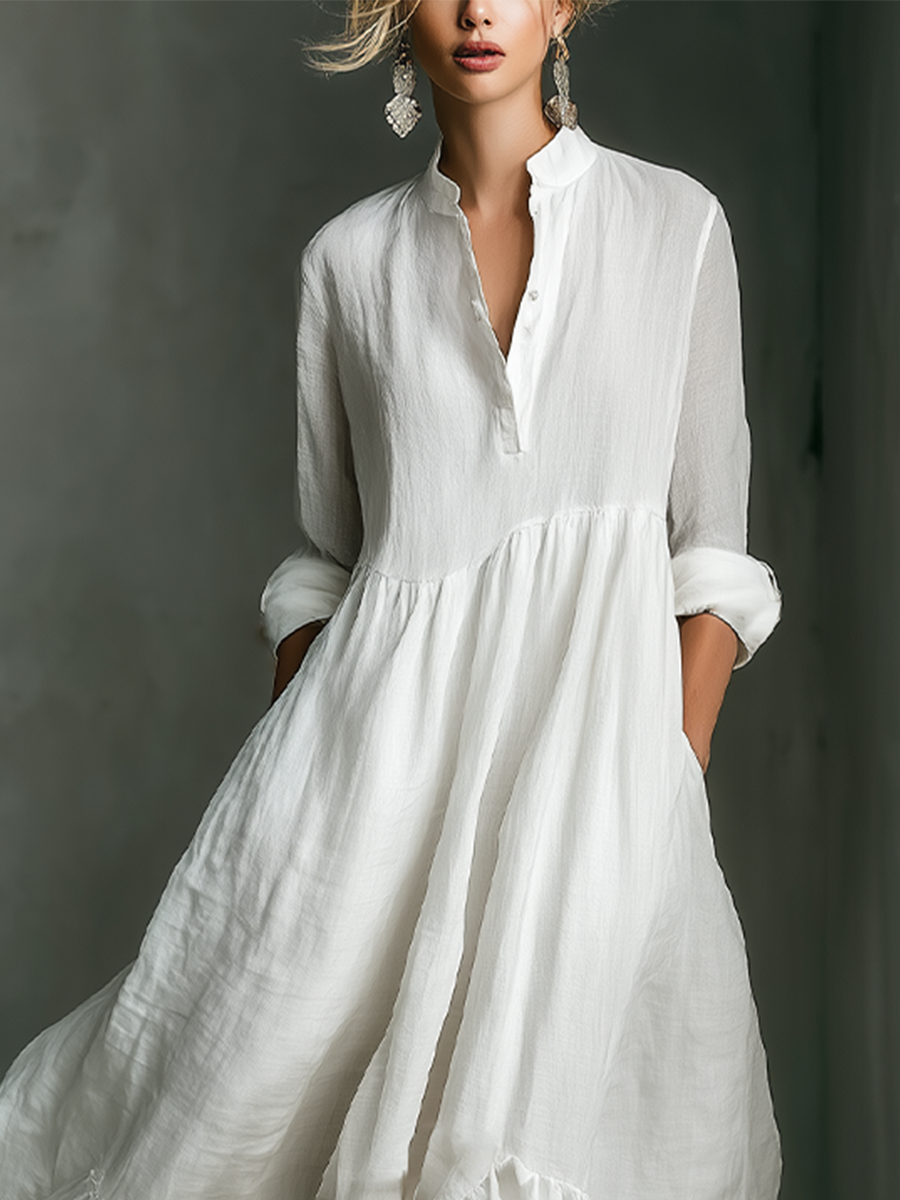 Women's Gathered White Maxi Dress – Split Neck Ruffle Hem Garden Party
