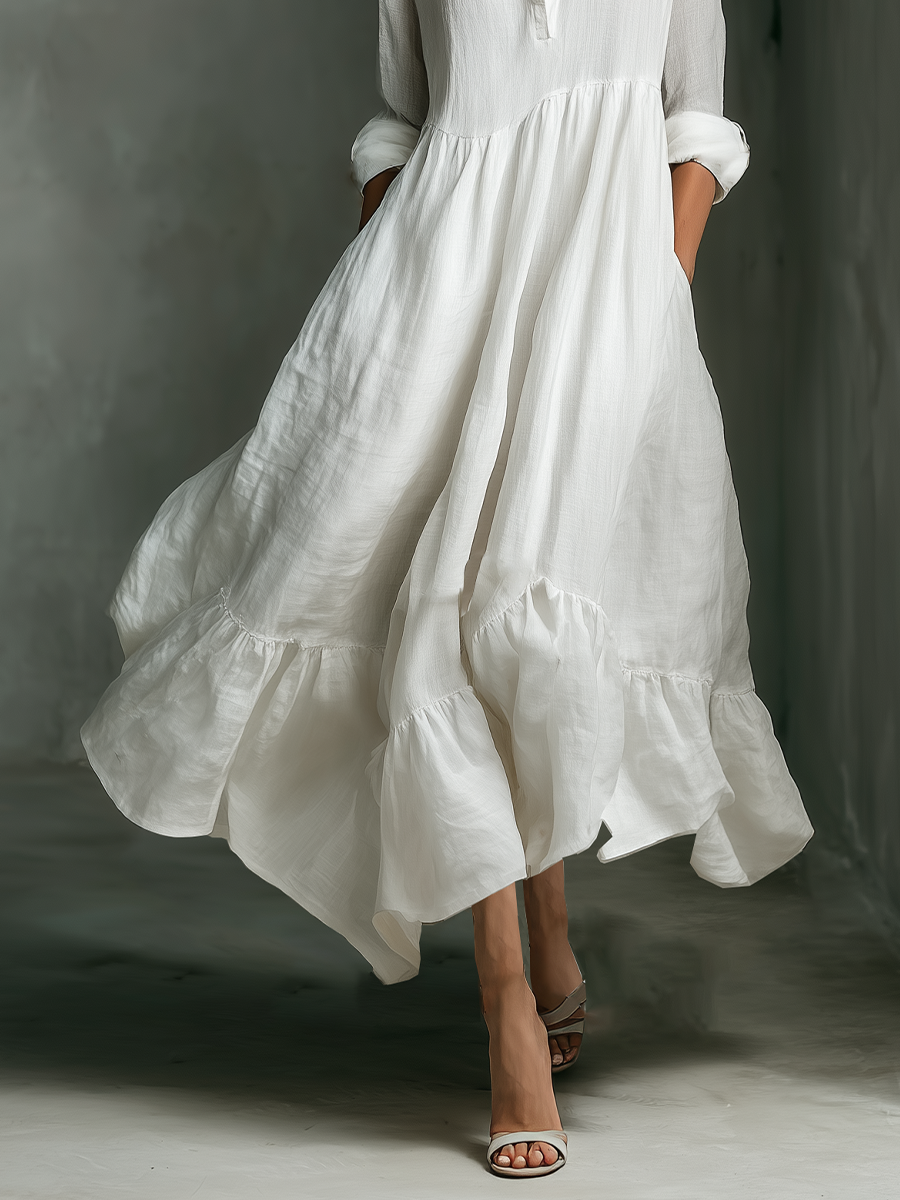 Women's Gathered White Maxi Dress – Split Neck Ruffle Hem Garden Party