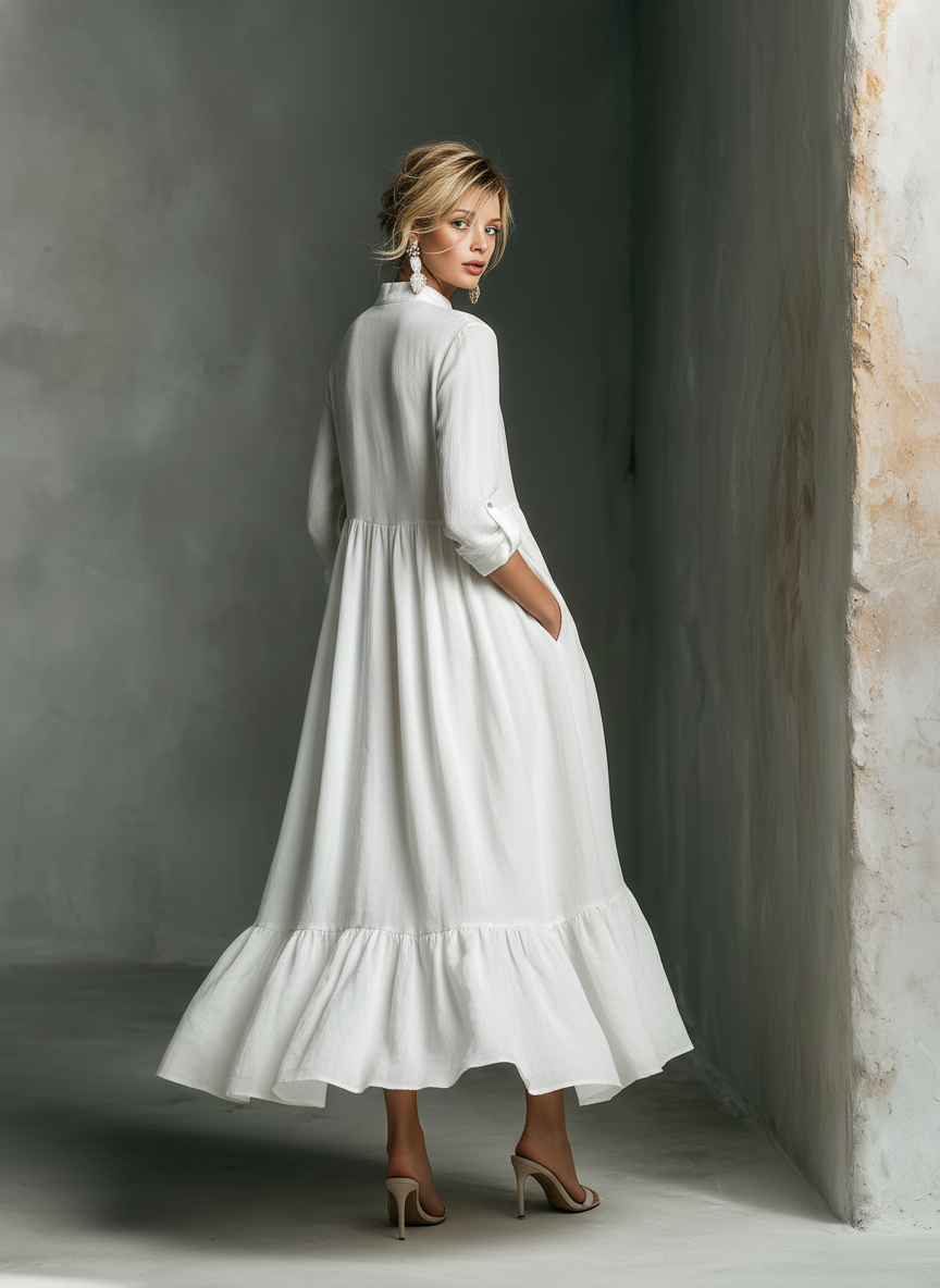 Women's Gathered White Maxi Dress – Split Neck Ruffle Hem Garden Party