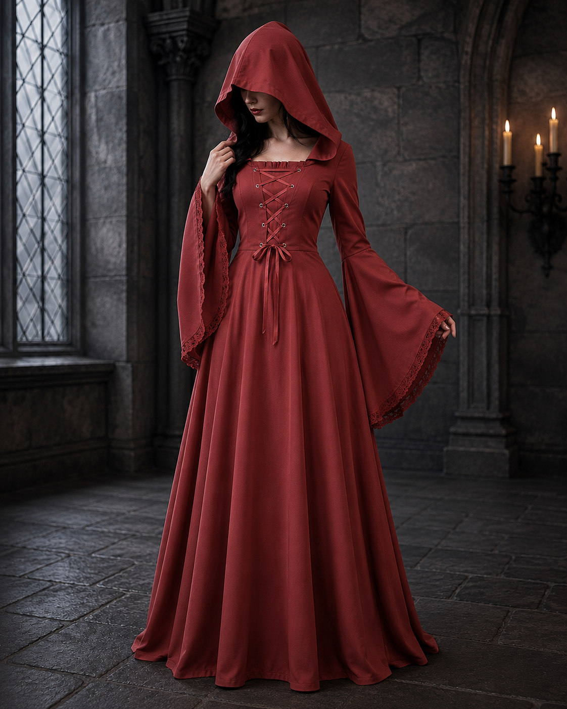 Women's Gothic Hooded Costume – Lace Up Bell Sleeve Halloween Party