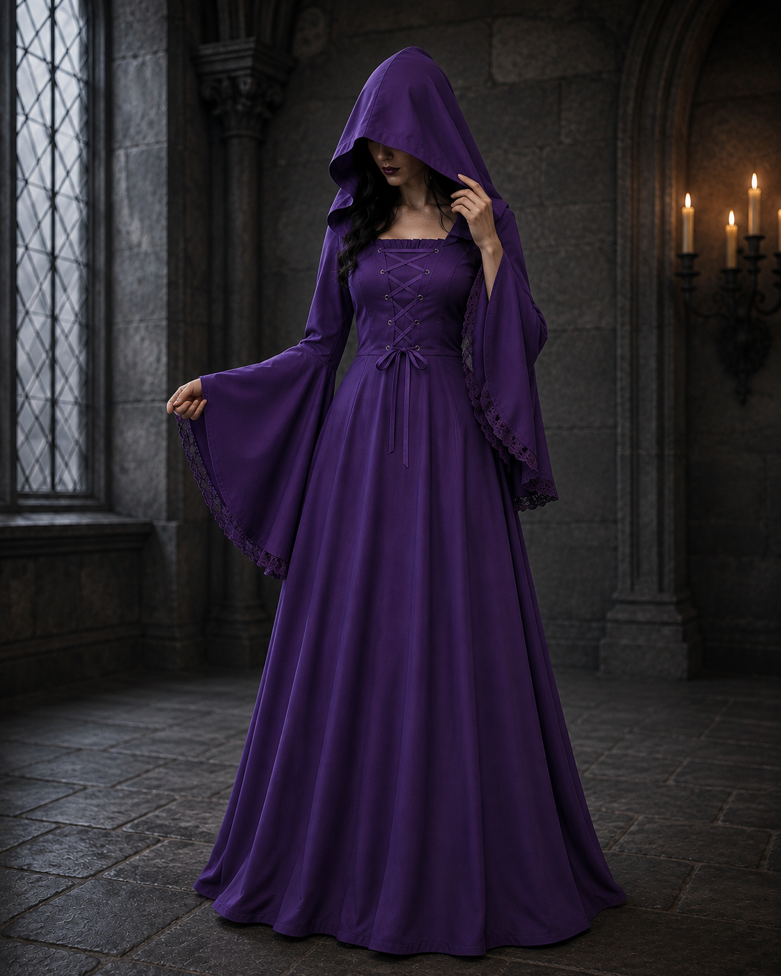Women's Gothic Hooded Costume – Lace Up Bell Sleeve Halloween Party