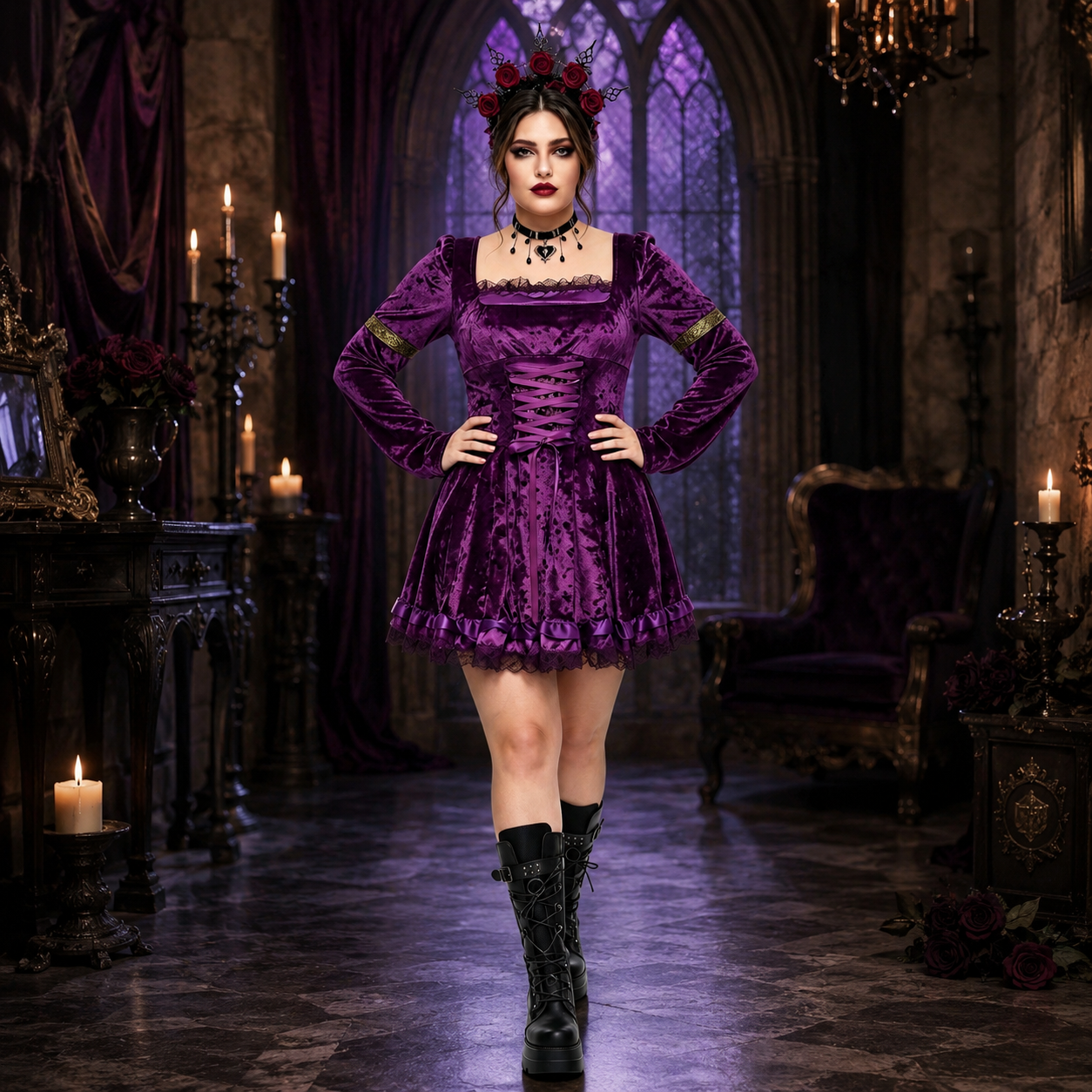 Women's Gothic Lace Trim Costume – Square Neck Lace Up Halloween Party