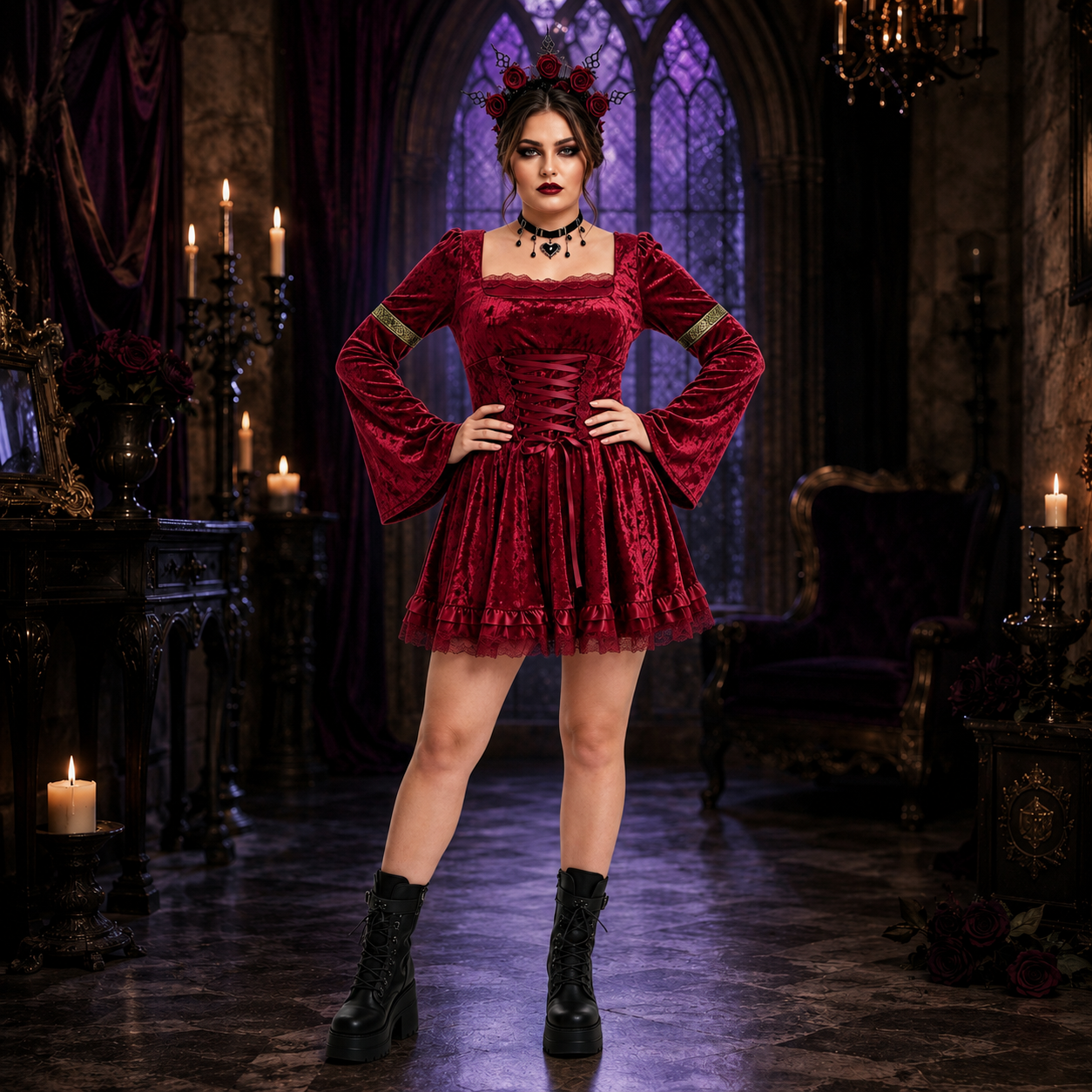 Women's Gothic Lace Trim Costume – Square Neck Lace Up Halloween Party